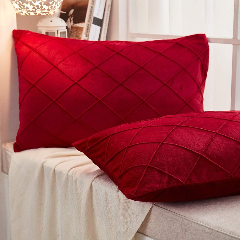 JAUXIO Diamond Pinch Pleated Crystal Velvet Pillowcases 2 Pack Solid Pintuck Throw Cushion Cover for Home Decor Hidden Zipper Closure (Burgundy, Standard) - Image 3